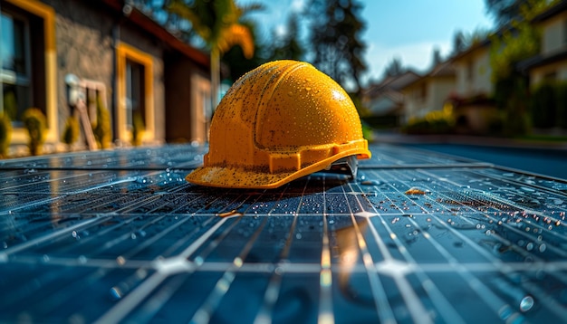 Photo casque jaune et casque de sécurité jaune sur le panneau solaire