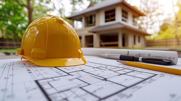 Un casque jaune est placé sur un dessin de chantier de construction démontrant l'importance de l'équipement