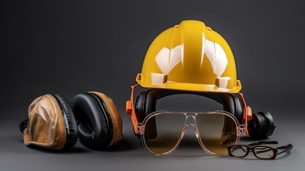 Un casque jaune, des lunettes de soleil et des lunettes de soleil sont posés sur une table.