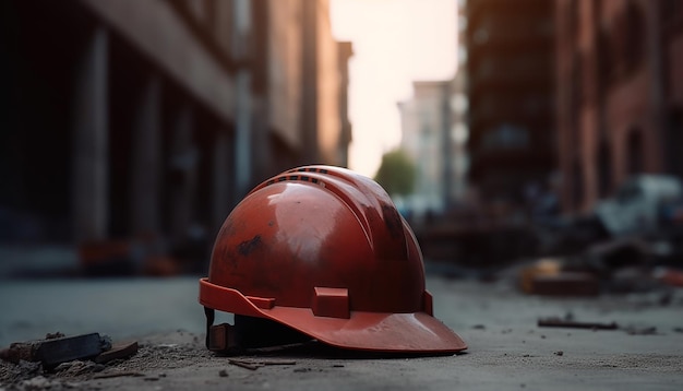 Un casque jaune se trouve sur le sol devant un bâtiment