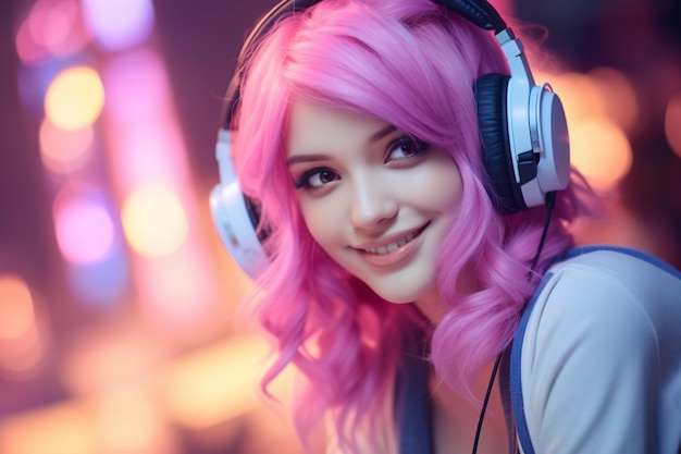 Casque de jeu belle fille cheveux roses