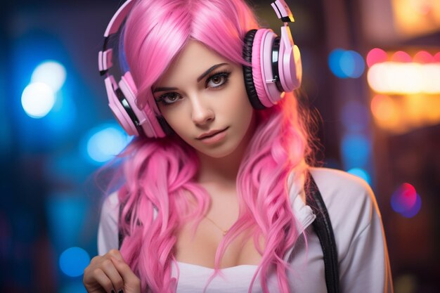 Casque de jeu belle fille cheveux roses