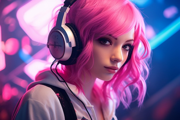 Casque de jeu belle fille cheveux roses