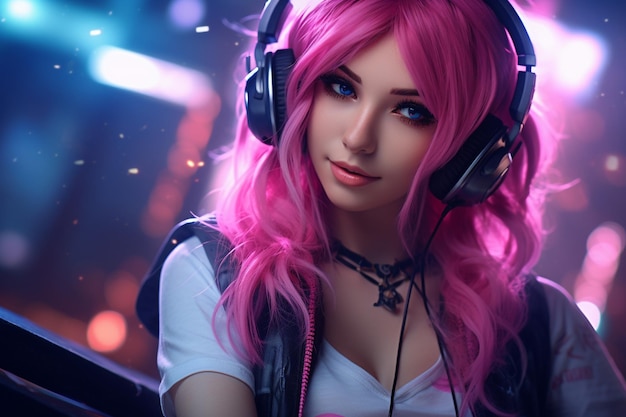 Casque de jeu belle fille cheveux roses