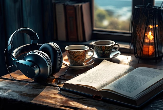 un casque à livre ouvert et une tasse de café dans le style azur clair et ambre foncé