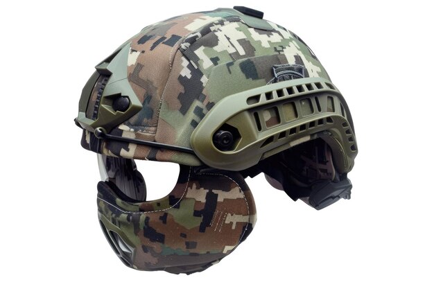 Casque militaire camouflé isolé sur fond blanc