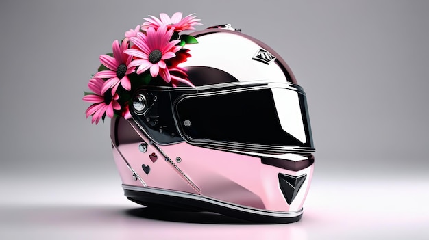 Un casque de moto avec une fleur rose