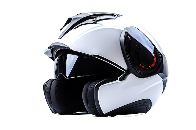 Un casque de moto moderne futuriste sur un fond blanc