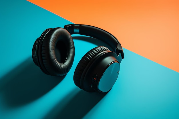 Un casque noir sur fond bleu et orange