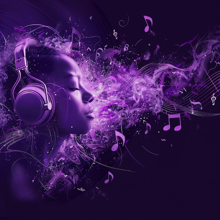 Photo un casque avec des notes de musique et un bandeau sur un fond violet