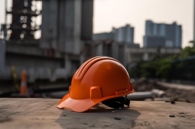 Un casque orange est posé sur une table devant un bâtiment avec une ville en arrière-plan