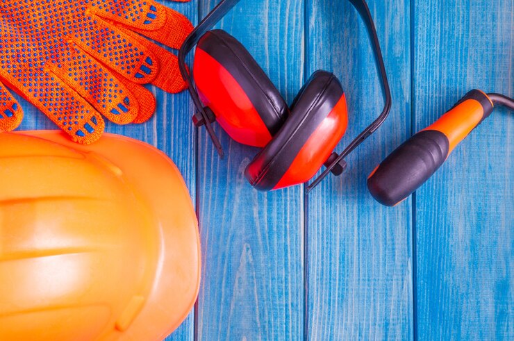 Photo casque et outils orange sur des planches bleues en bois, mise à plat