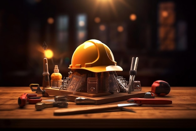 casque de ouvrier de la construction dans une table avec des outils de construction