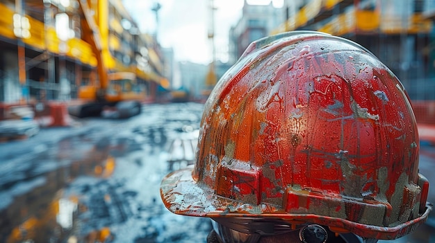 Le casque d'un ouvrier de la construction en gros plan sous la pluie