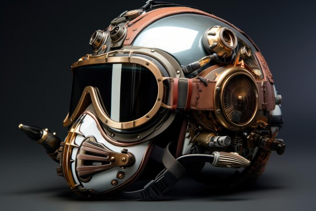 Un casque de pilote de style steampunk sur un fond sombre