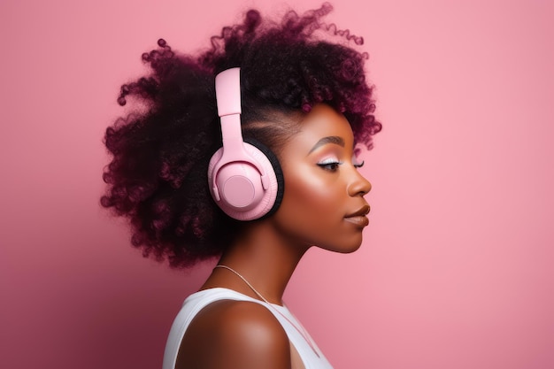 Casque rose femme écouter de la musique Générer Ai