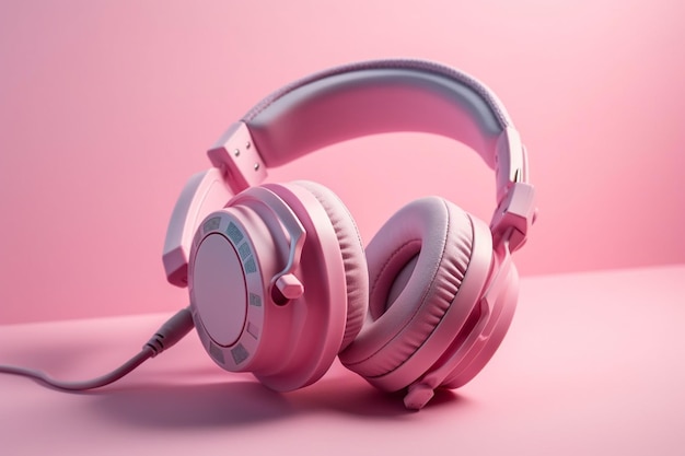 Casque rose sur fond rose Espace de copie Concept de musique