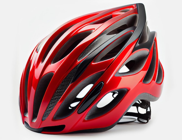 Casque rouge d'un cycliste sur fond blanc