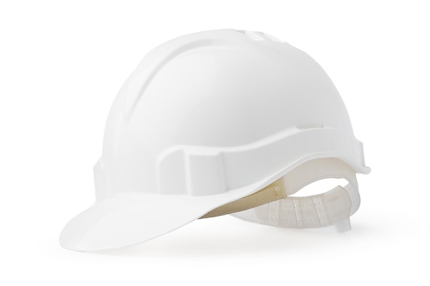 Casque de sécurité en plastique blanc isolé sur fond blanc