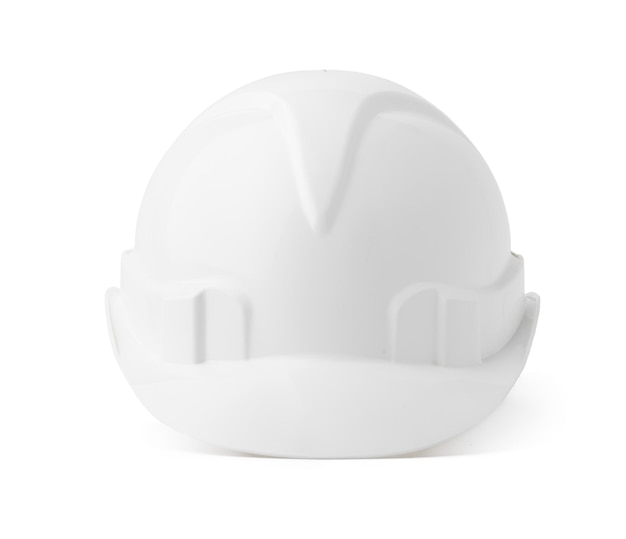 Casque de sécurité en plastique blanc isolé sur fond blanc