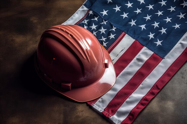 Casque de sécurité sur table en bois drapeau USA