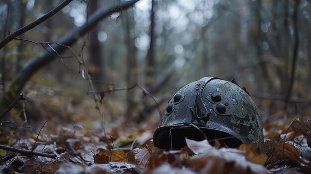 Photo un casque de soldat solitaire est abandonné dans la forêt le casque est vieux et rouillé et la peinture est déchiquetée et fanée