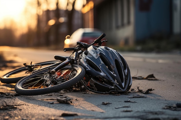 Photo un casque et un vélo étendus sur la route après qu'une voiture ait heurté un cycliste sur un passage pour piétons.