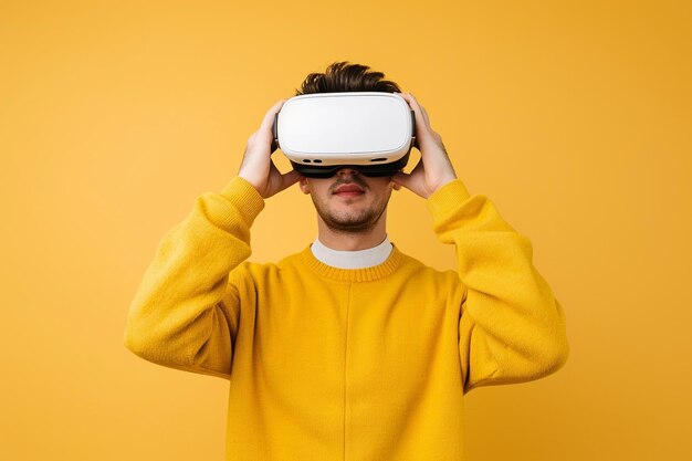 Casque VR Homme portant des lunettes de réalité virtuelle isolées sur fond jaune