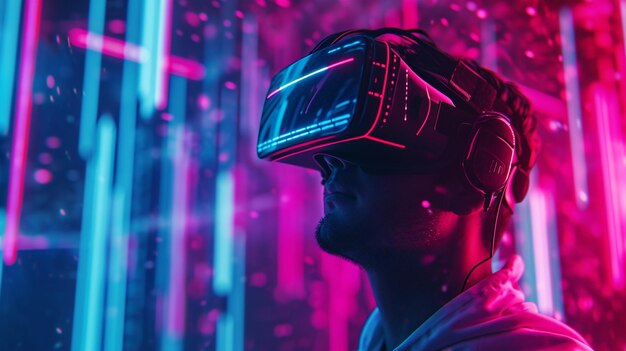 Casque VR Homme portant des lunettes de réalité virtuelle Jeu vidéo dans un monde futuriste