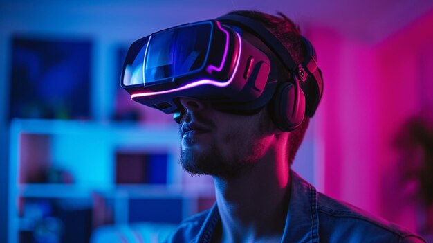 Casque VR Homme portant des lunettes de réalité virtuelle Jeu vidéo dans un monde futuriste