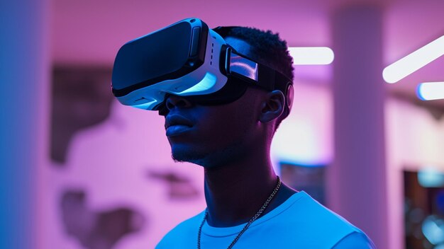 Casque VR Homme portant des lunettes de réalité virtuelle Jeu vidéo dans un monde futuriste