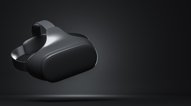 Casque VR noir sur fond noir avec espace de copie sur le côté droit. illustration de rendu 3D.