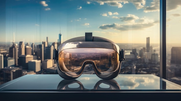 Casque VR reflétant le paysage urbain sur une table en verre de grande hauteur AI générative