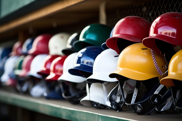 Des casques de baseball alignés sur un étagère