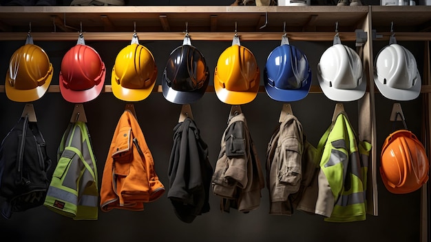 Des casques de sécurité alignés, des gilets de sécurité, des outils accrochés organisés sur un chantier de construction.