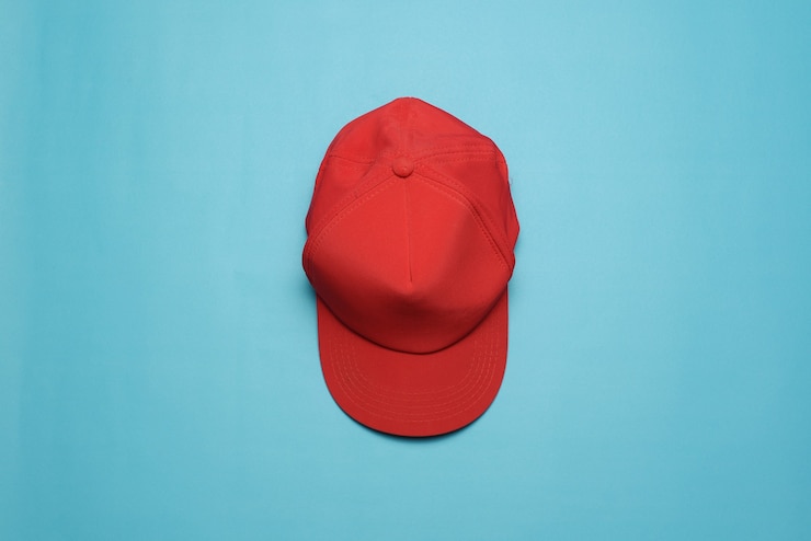 Photo casquette de baseball isolée sur fond bleu. vue de dessus.