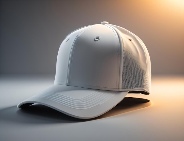 Une casquette blanche avec un logo dessus est sur fond gris.
