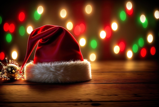 Casquette du Père Noël en rouge avec des guirlandes aux couleurs vives sur un sol en bois dans un fond de lumière