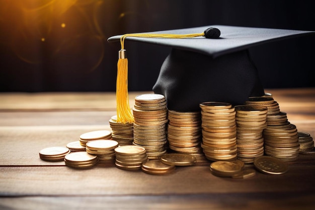 une casquette de graduation assise sur un tas de pièces