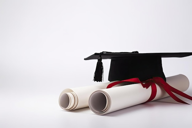 Une casquette de graduation et un diplôme avec un ruban rouge sur le dessus.