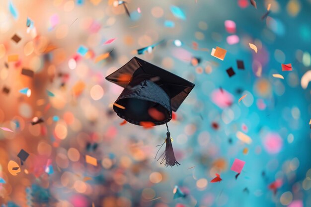 la casquette de graduation s'élevant dans l'air avec des confettis