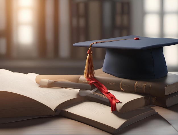 Une casquette de graduation se trouve au sommet d'une pile de livres