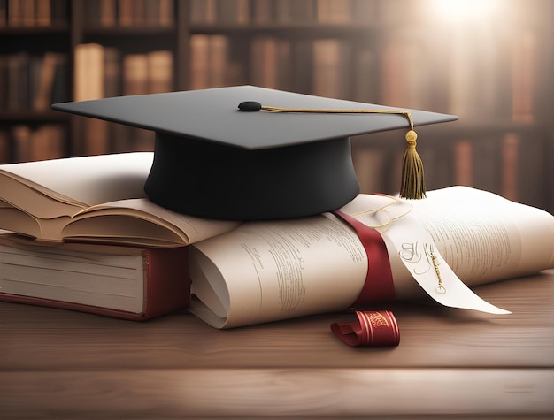 Une casquette de graduation se trouve au sommet d'une pile de livres