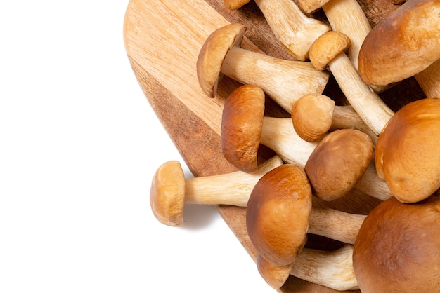 Casquette marron Boletus Edulis sur une planche à découper sur fond blanc