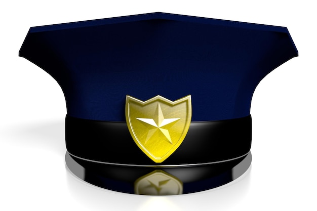 Casquette de police avec badge doré sur fond blanc illustration 3D