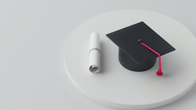 Casquette de remise des diplômes noire avec tassel rouge et rouleau de diplôme sur podium blanc illustration 3D