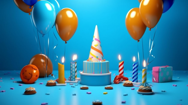 Casquettes de fête d'anniversaire souffleurs et bougies sur fond bleu