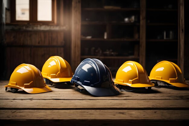 Photo casquettes de sécurité sur l'espace de table en bois pour le texte