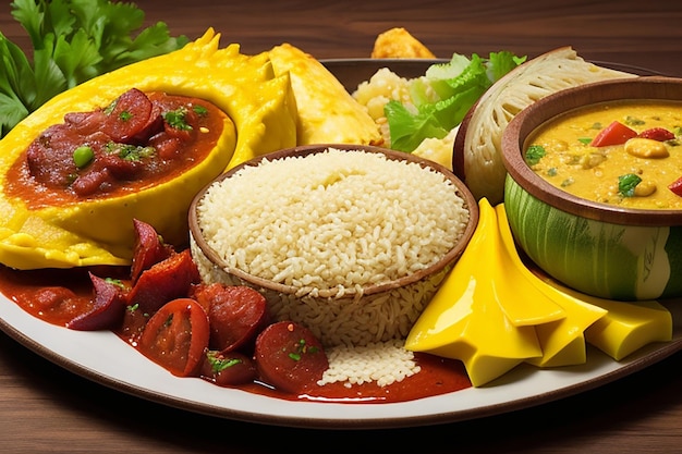 Photo cassava farofa moqueca assortment with delicious brazilian food ultra hd image
