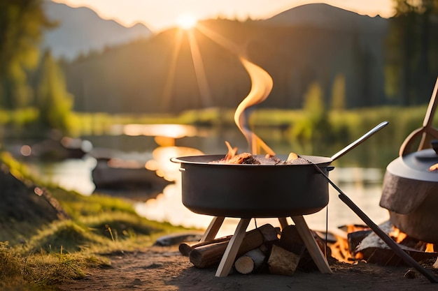 Une casserole de barbecue avec un feu et un bateau en arrière-plan